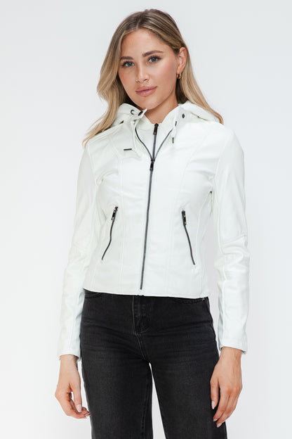 Snobbish Embrace The Day Faux Leather Zip Up Drawstring Hooded Jacket in White