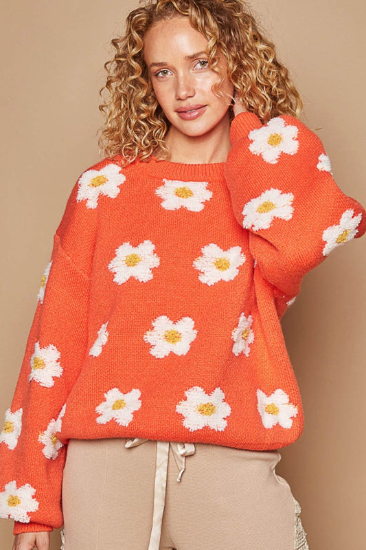 POL Petals of Perfection Daisy Pattern Drop Shoulder Sweater in Sun Orange