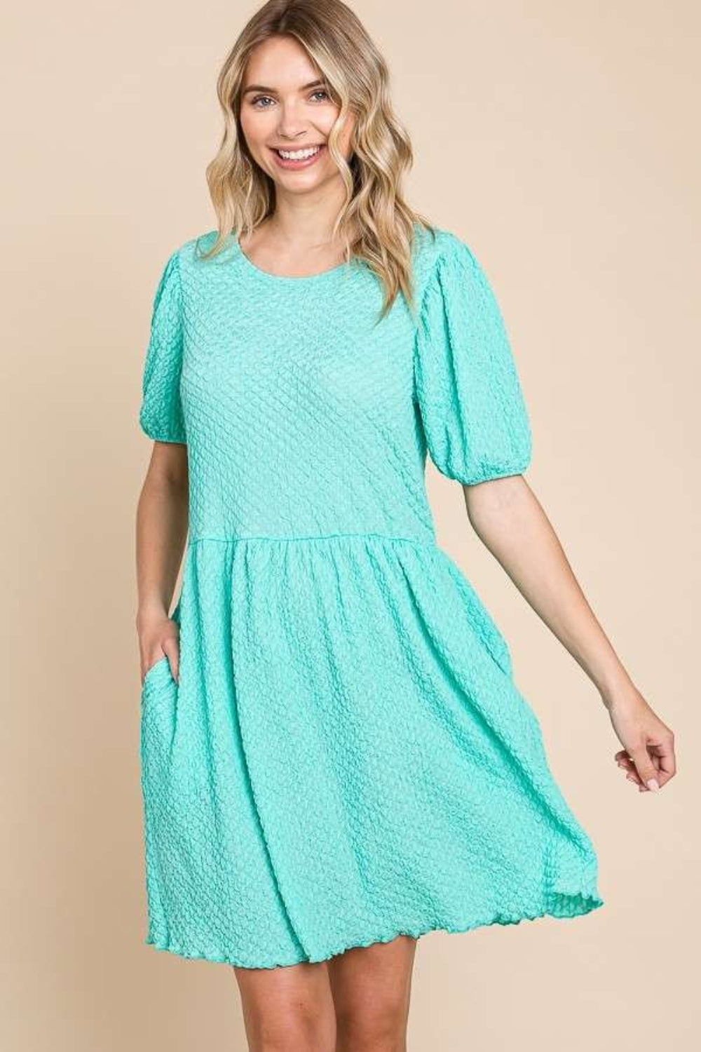 Culture Code Minty Skies Textured Puff Sleeve Dress