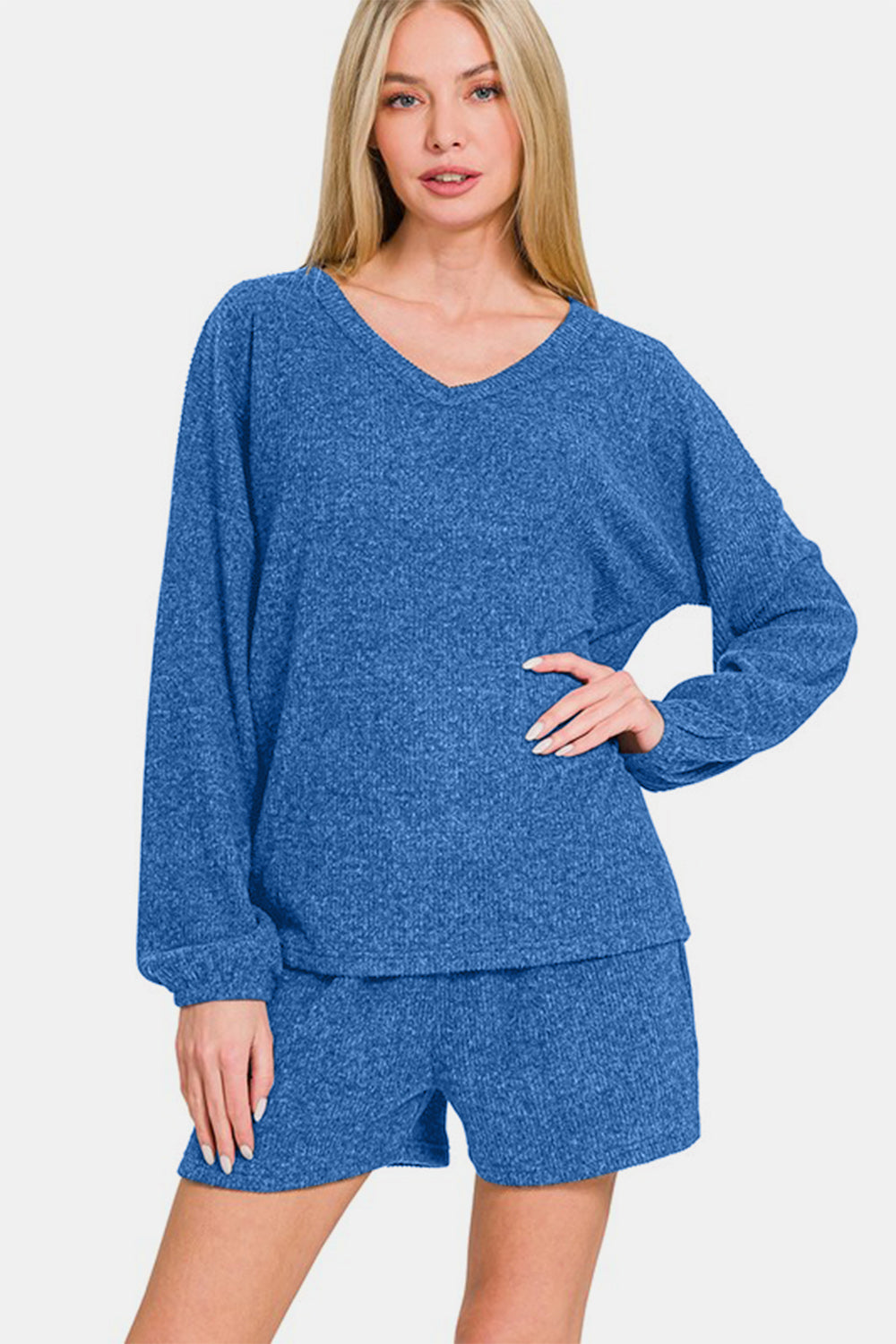 Zenana Collecting Moments V-Neck Long Sleeve Ribbed Top and Shorts Set in Royal Blue