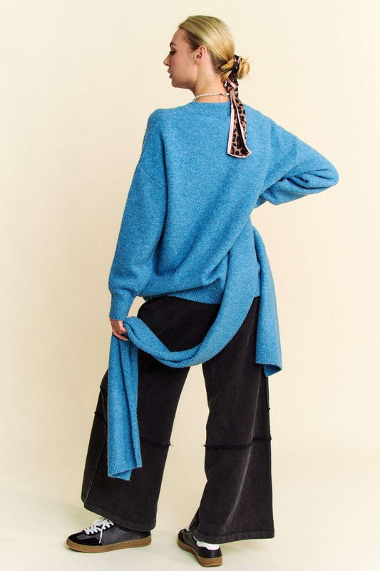 Davi & Dani Better Together V-Neck Dropped Shoulder Sweater with Scarf in Cerulean