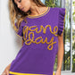 BiBi Game Day Letter Contrast Trim Ruffled Sleeveless Sweater in Purple/Gold