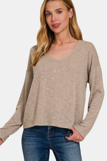 Zenana Mocha Twilight Dropped Shoulder Long Sleeve T-Shirt