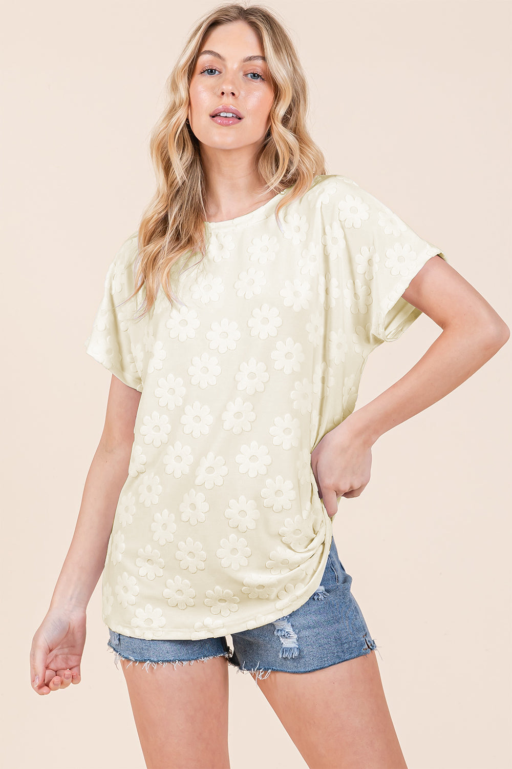 BOMBOM Lasting Love Textured Floral Pattern Short Sleeve T-Shirt in Cream