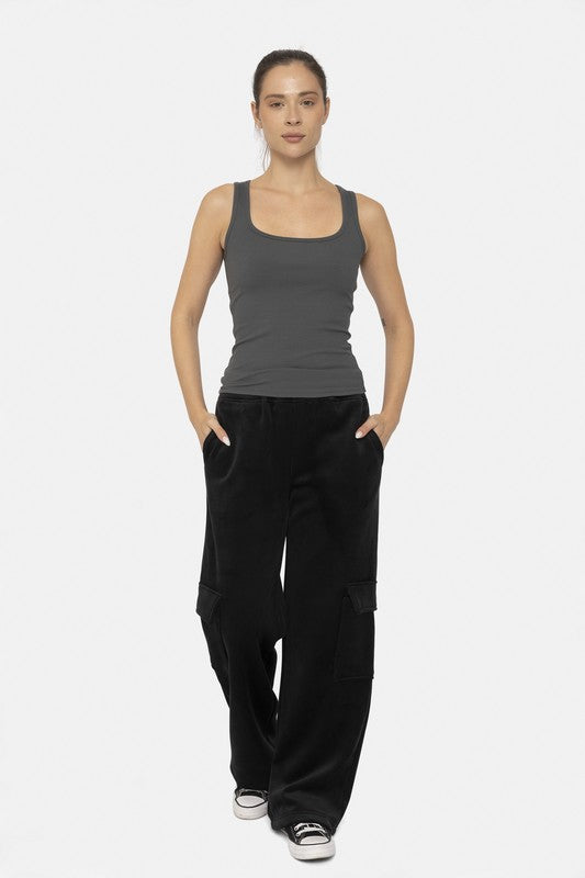 Mono B Leap Of Faith Elastic Waist Corduroy Cargo Pants in Black