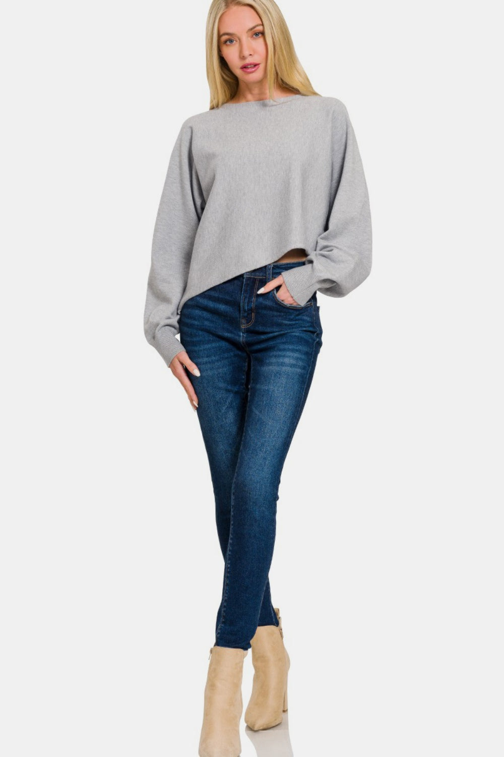 Zenana Oh So Cozy Asymmetric Hem Long Sleeve Sweater in Heather Grey