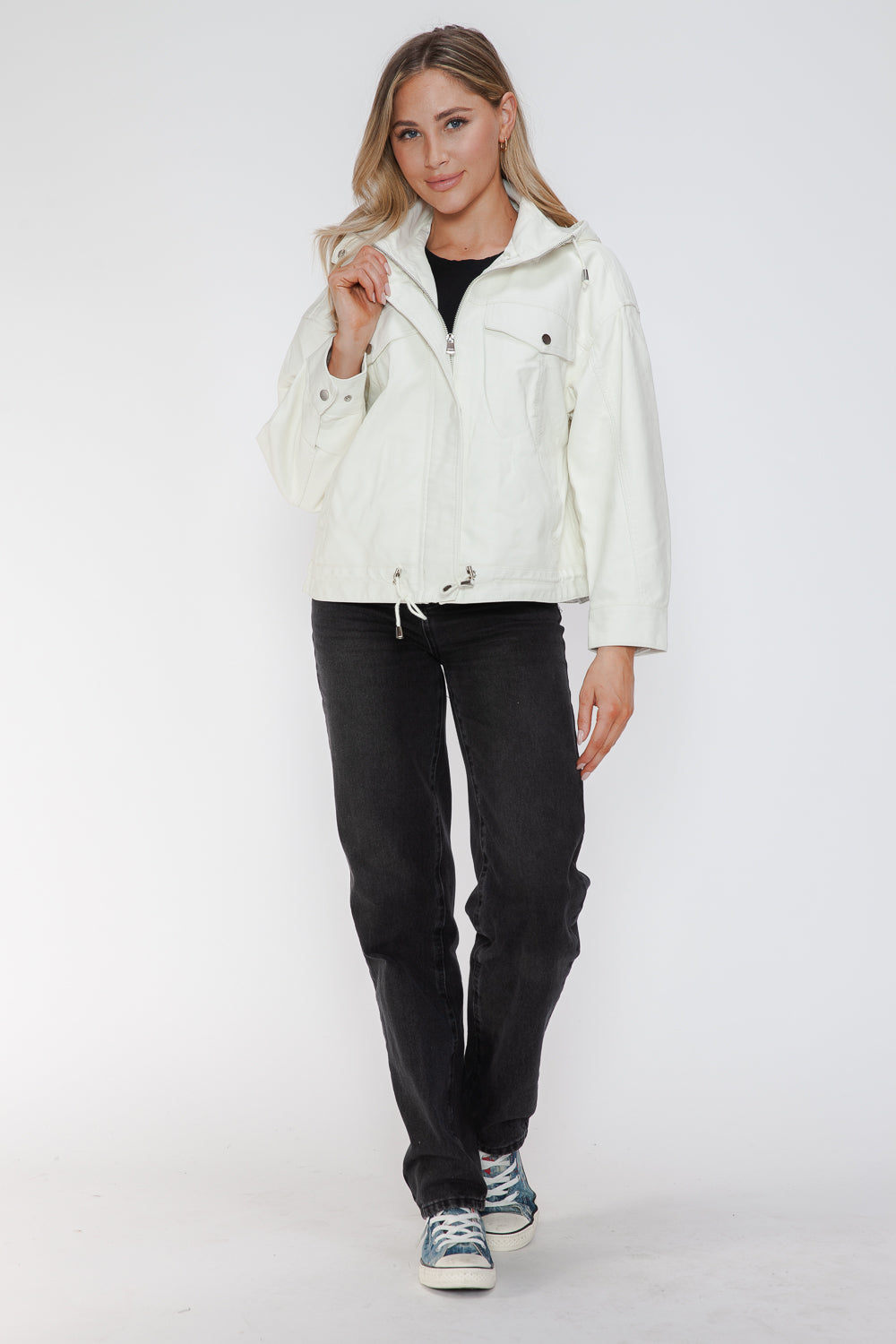 How Dare U My Favorite Layer Drawstring Hem PU Leather Zip Up Jacket in White