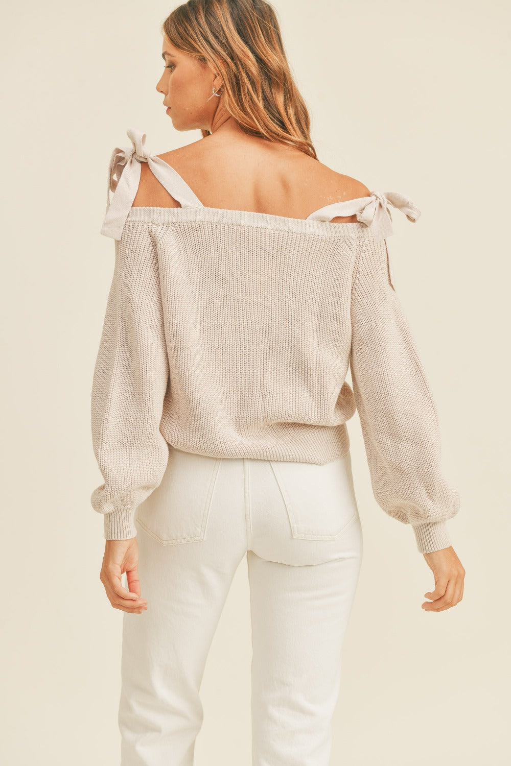 MABLE Tied Up Off Shoulder Self Tie Strap Button Down Sweater