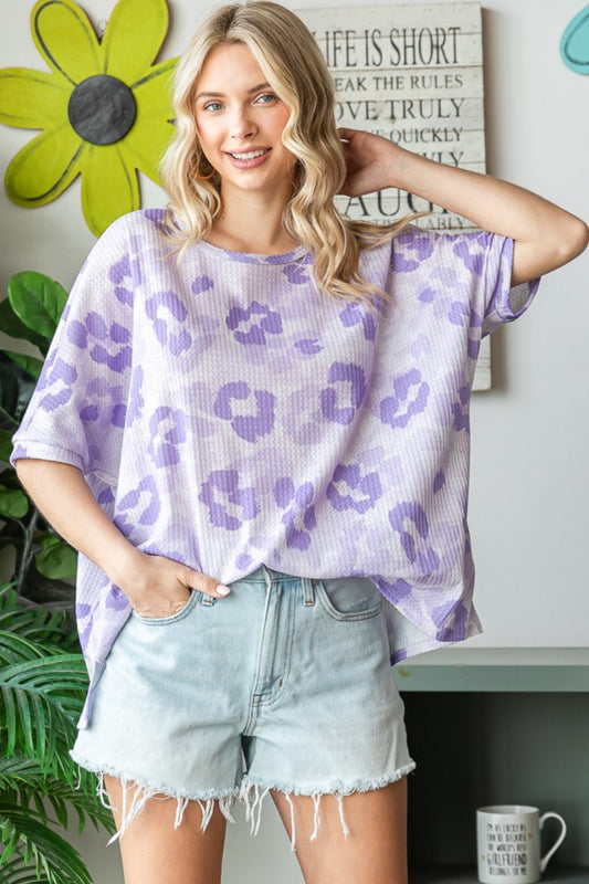 HOPELY Lavender Leopard Print Oversized Fit Waffle T-Shirt