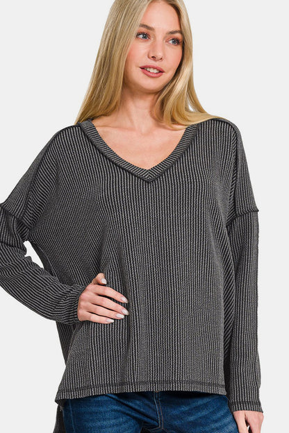 Zenana All About Details Texture Exposed Seam V-Neck Long Sleeve T-Shirt in Charcoal