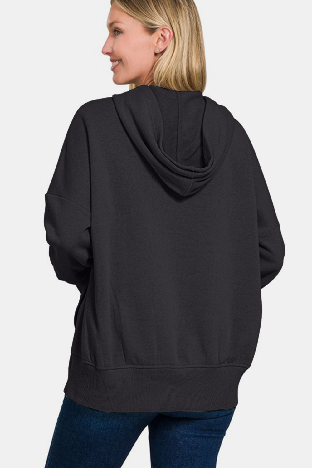 Zenana You Have My Heart Half Snap Long Sleeve Hoodie Top with Kangaroo Pocket in Black