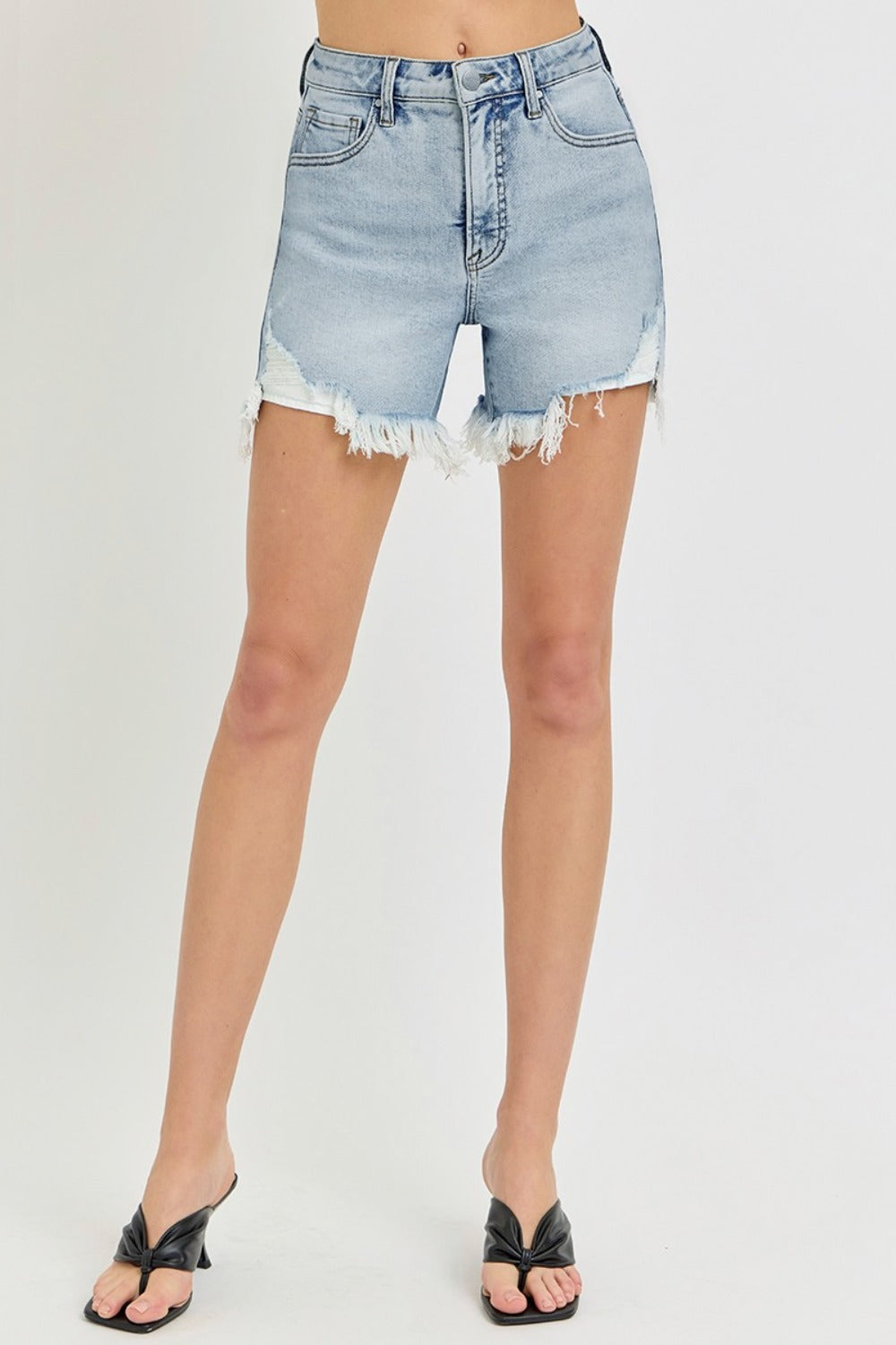 RISEN Olivia High Rise Side Step Hem Denim Shorts in Light