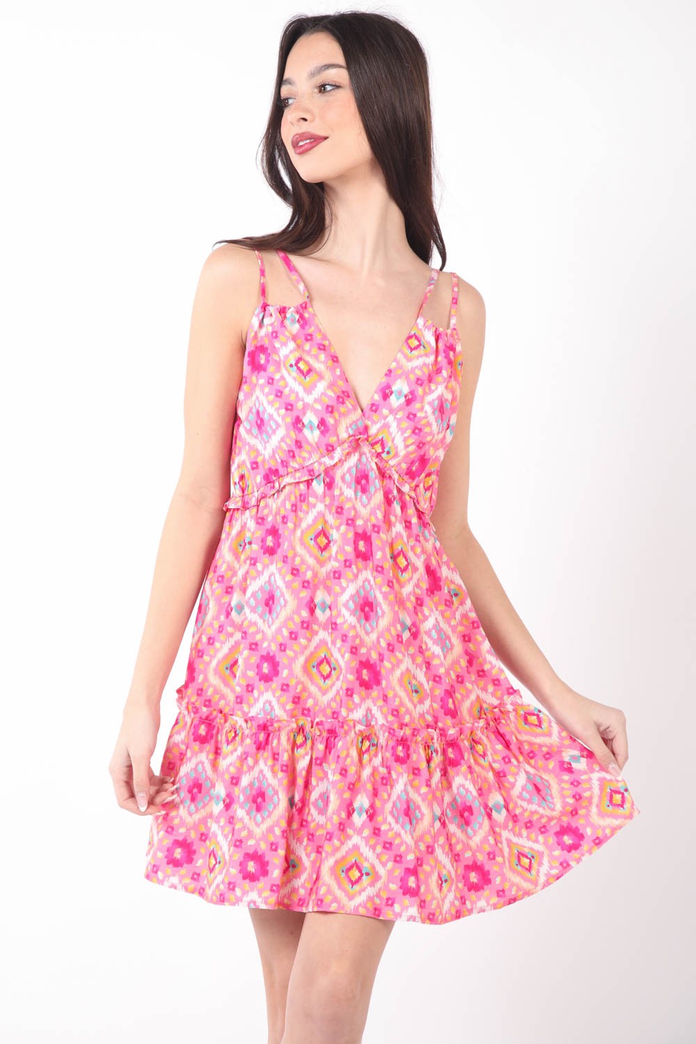 VERY J Sunny Days Floral Back Smocked Ruffled Mini Dress in Pink Multi