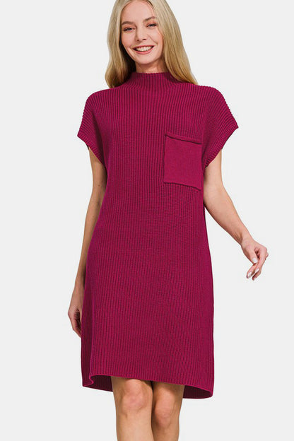 Zenana Spring Chill In The Air Mock Neck Short Sleeve Sweater Dress in Cabernet