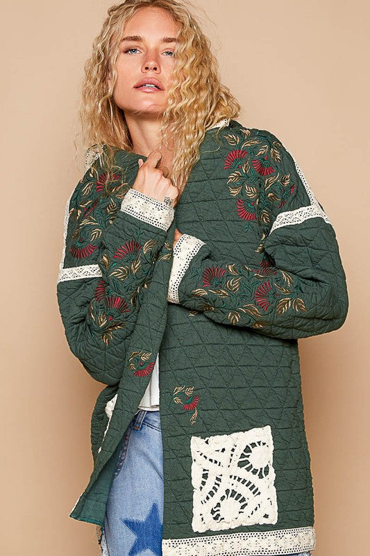 POL Embroidered Dreams Open Front Quilted Jacket with Crochet Pockets in Dark Green