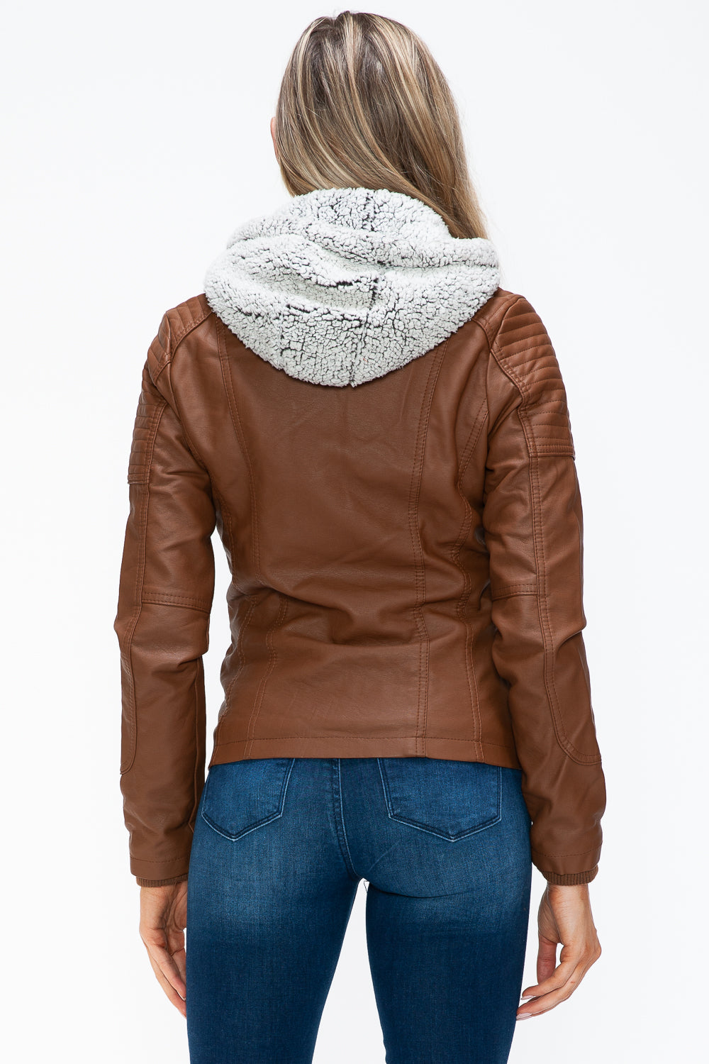 YMI Hooded and Happy Removable Faux Layered Multi-Pocket Jacket with Fuzzy Hood in Rust