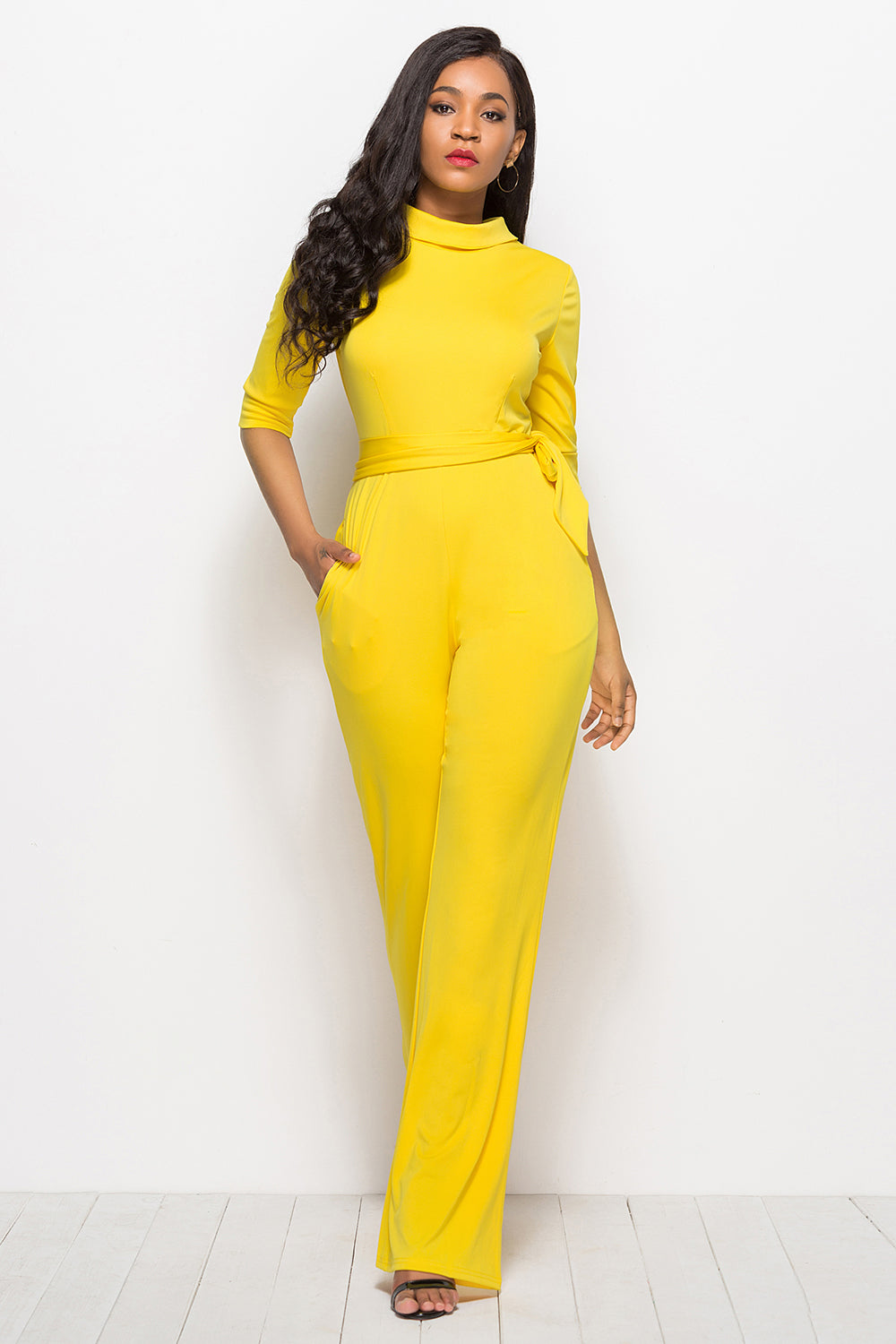 Driven Mock Neck Tie-Waist Half Sleeve Jumpsuit with Pockets
