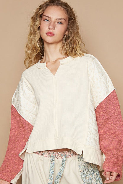POL Standout Charm Waffle-Knit Contrast Notched Neck Long Sleeve Knit Top in Cream Multicolor