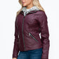 YMI Fuzzy Feels Faux Layered Double-Zipper Jacket with Fuzzy Hood in Wine