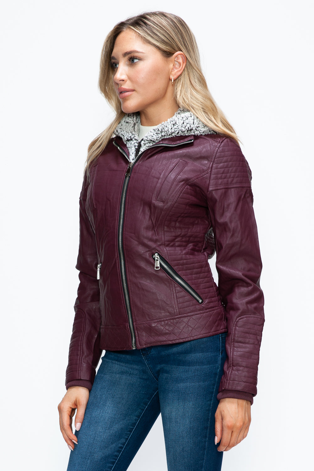 YMI Fuzzy Feels Faux Layered Double-Zipper Jacket with Fuzzy Hood in Wine