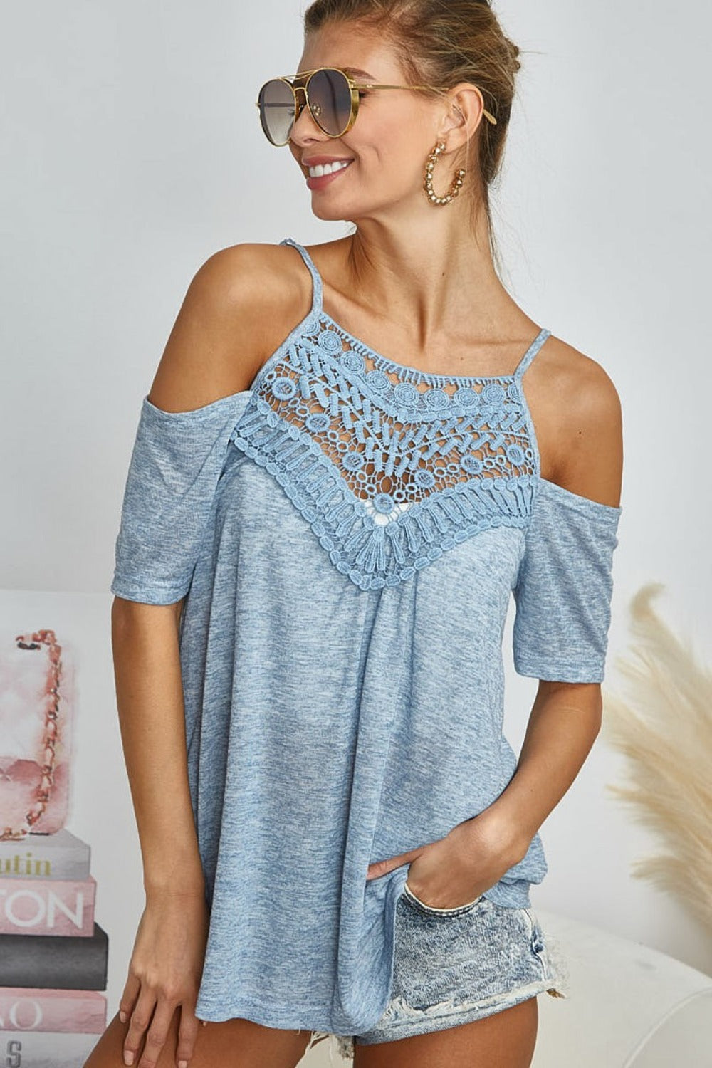 BiBi Playful Mindset Front Crochet Lace Adjustable Strap Top in Vintage Denim