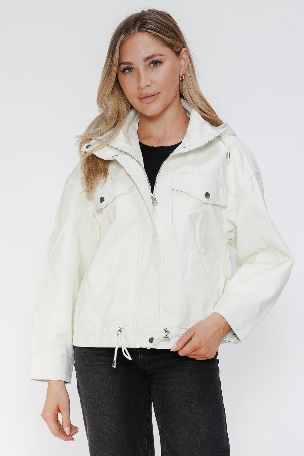 How Dare U My Favorite Layer Drawstring Hem PU Leather Zip Up Jacket in White