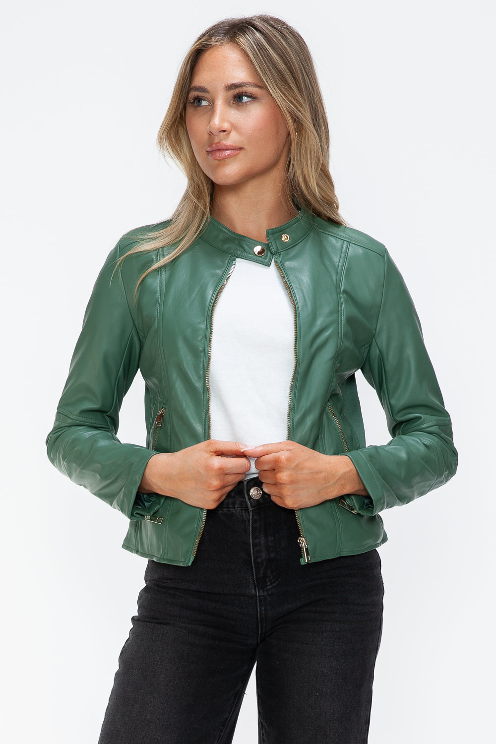 Snobbish Embrace The Day Faux Leather Zip Up Drawstring Hooded Jacket in Sage