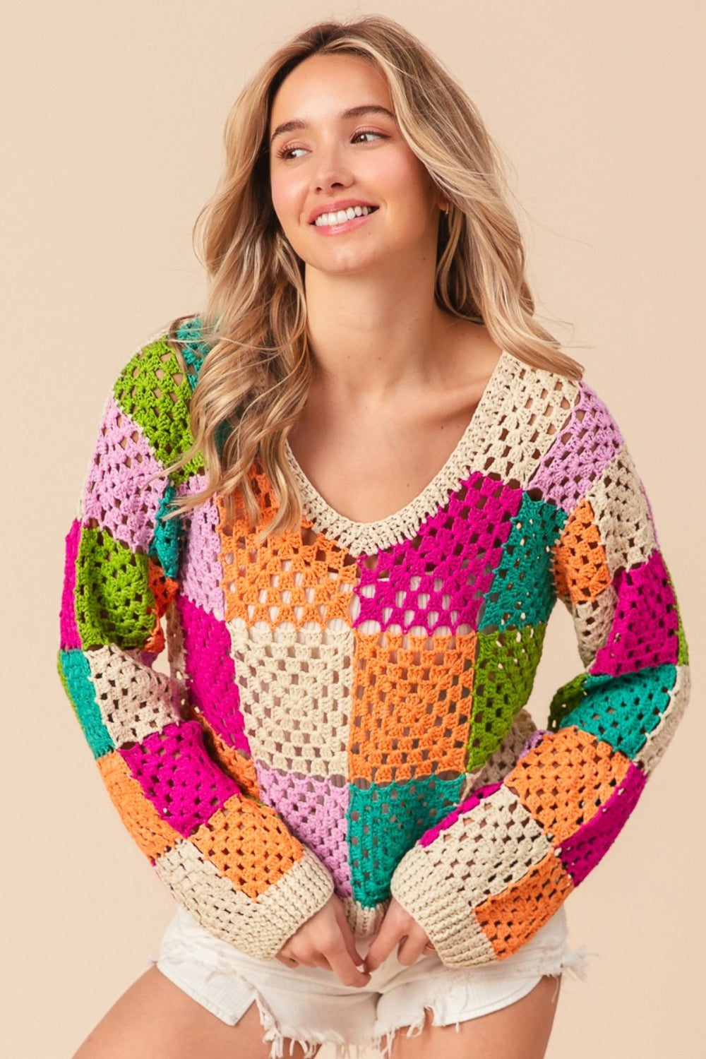 BiBi A World Of Color Multi Color Checkered Long Sleeve Knit Top