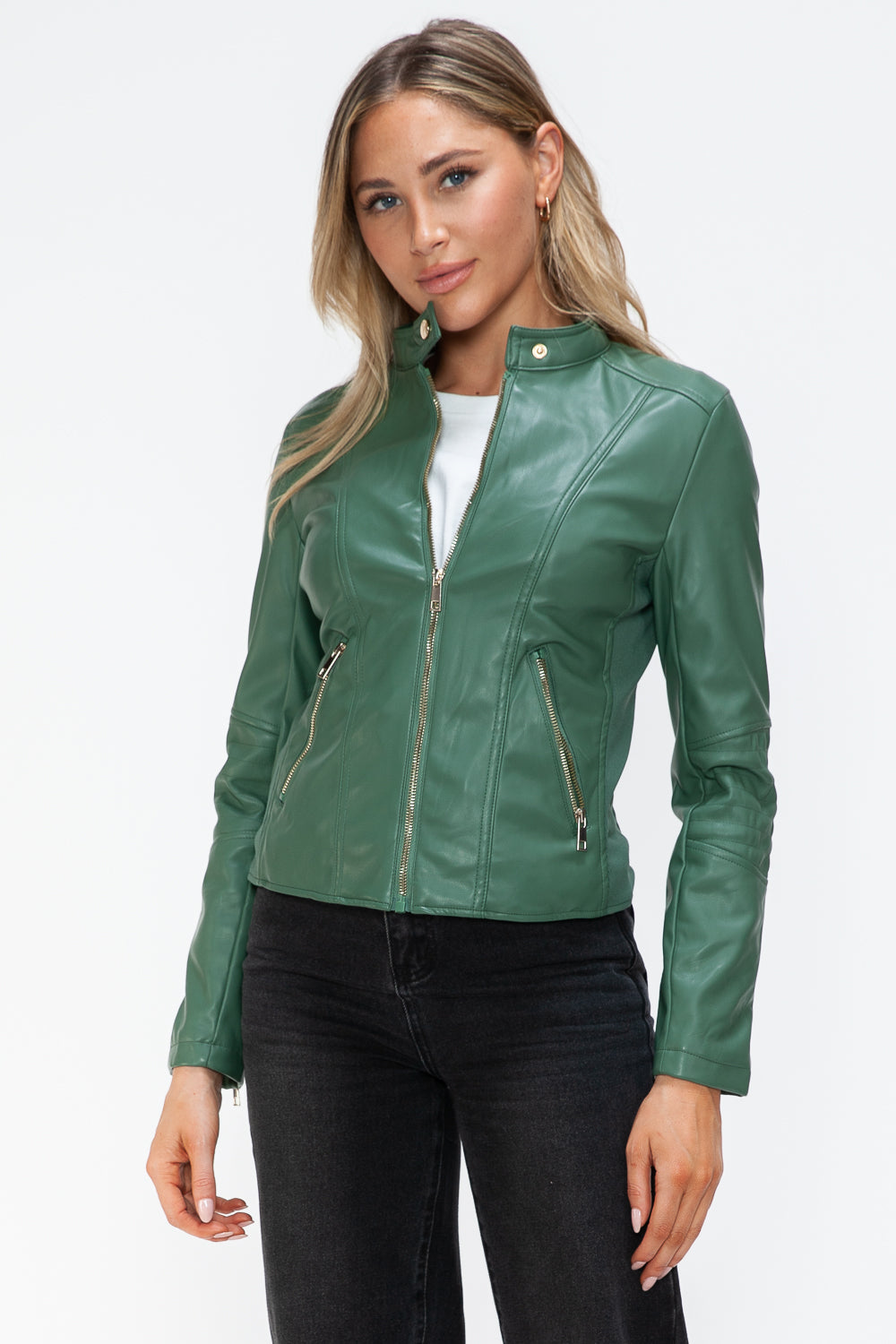 Snobbish Embrace The Day Faux Leather Zip Up Drawstring Hooded Jacket in Sage