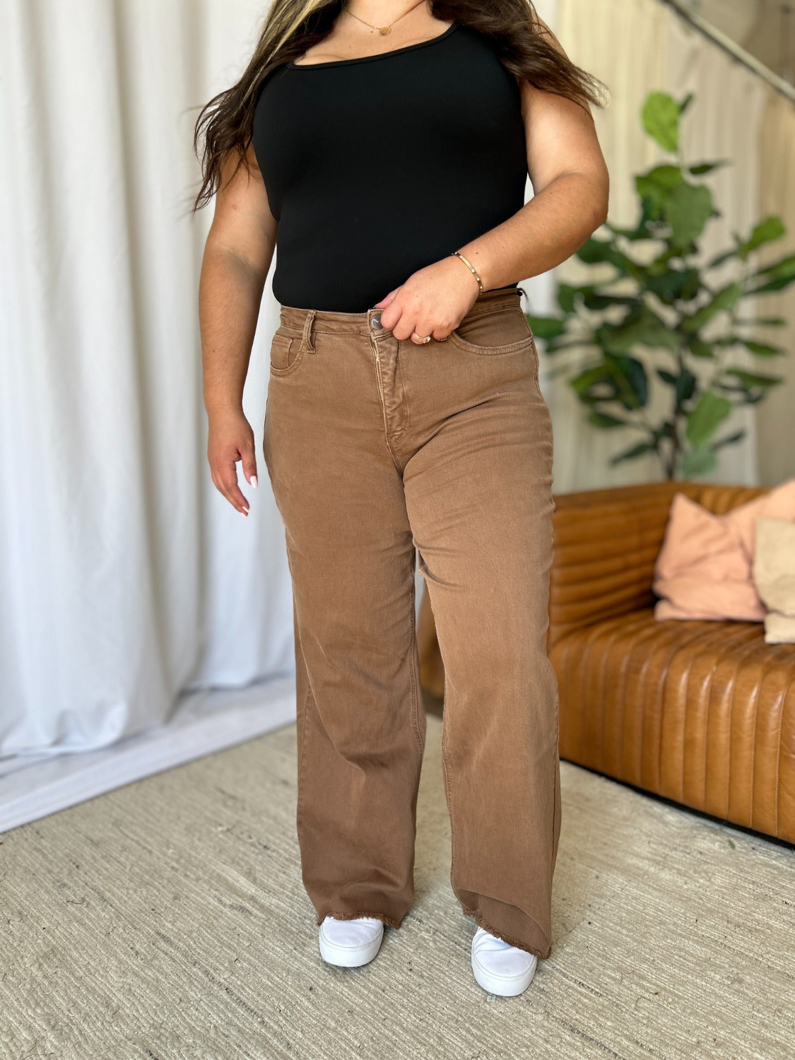 RFM Dawn High Rise Garment Dye Wide Leg Jeans in Coffee