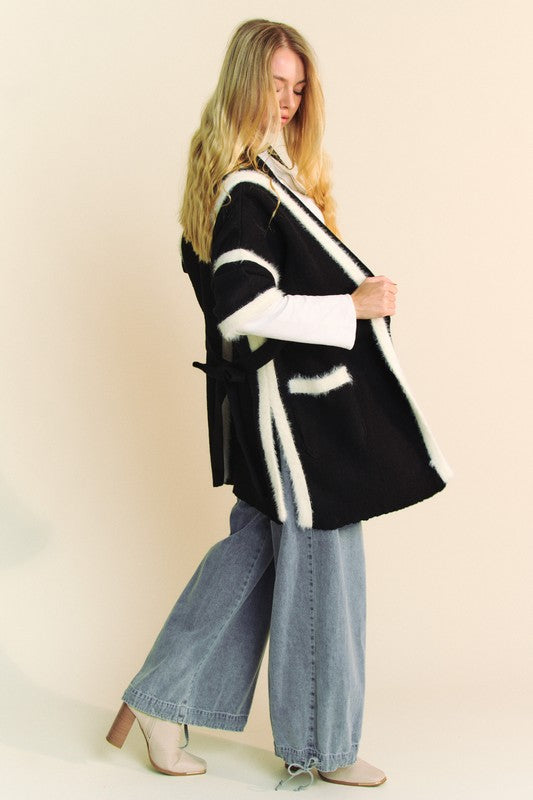 Davi & Dani Just Breathe Fuzzy Trim Open Front Loose Fit Cardigan