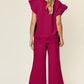 Double Take Butterfly Kisses Texture Ruffle Short Sleeve Top and Drawstring Wide Leg Pants Set