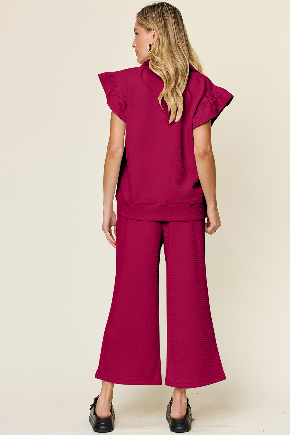 Double Take Butterfly Kisses Texture Ruffle Short Sleeve Top and Drawstring Wide Leg Pants Set