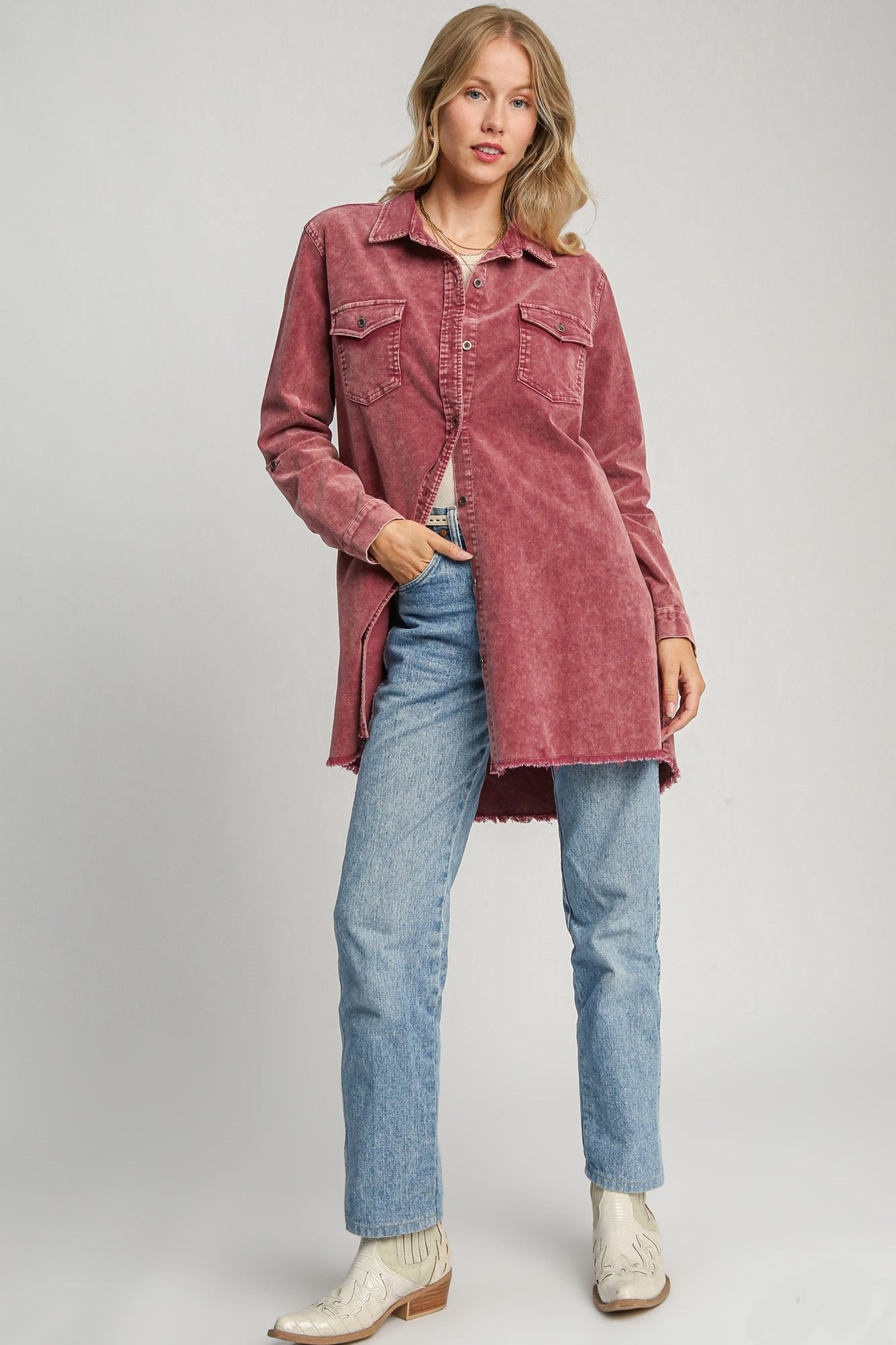 Umgee Keep It Cool Raw Hem Button Down Denim Jacket with Chest Pockets in Wine