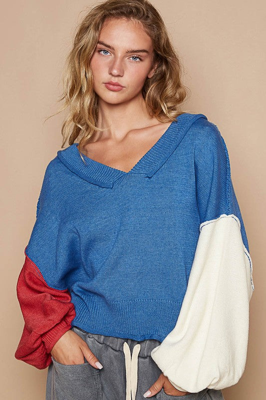 POL A Little Edge Exposed Seam Contrast V-Neck Lantern Sleeve Sweater in Royal Blue