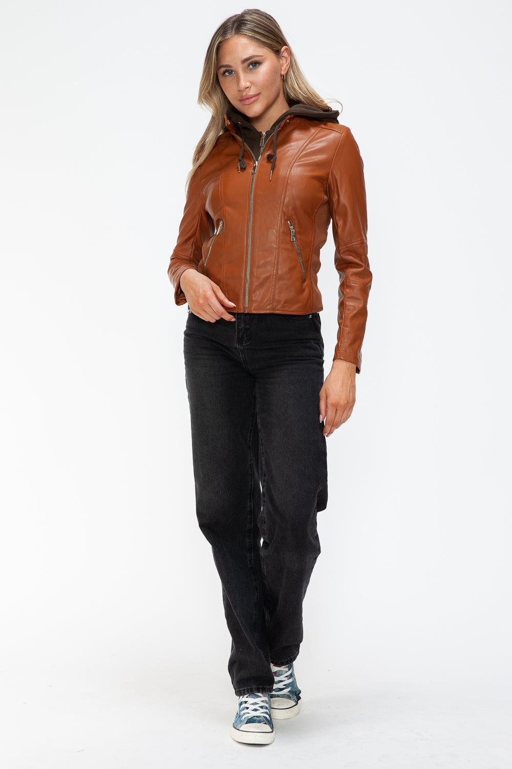 Snobbish Embrace The Day Faux Leather Zip Up Drawstring Hooded Jacket in Camel