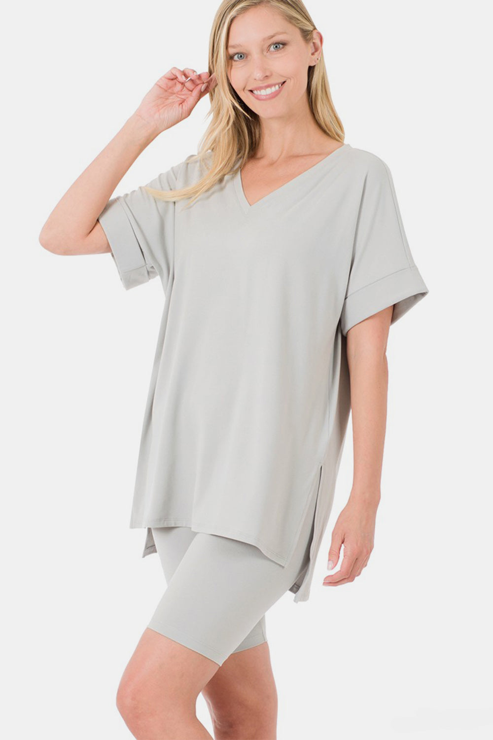 Zenana I'm Yours V-Neck Short Sleeve Slit T-Shirt and Shorts Set in Light Grey