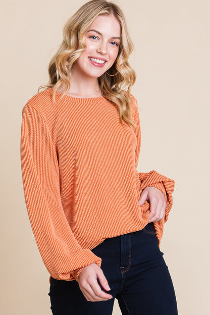 BOMBOM Chasing Dreams Long Sleeve Curved Hem Ribbed T-Shirt in Pumpkin