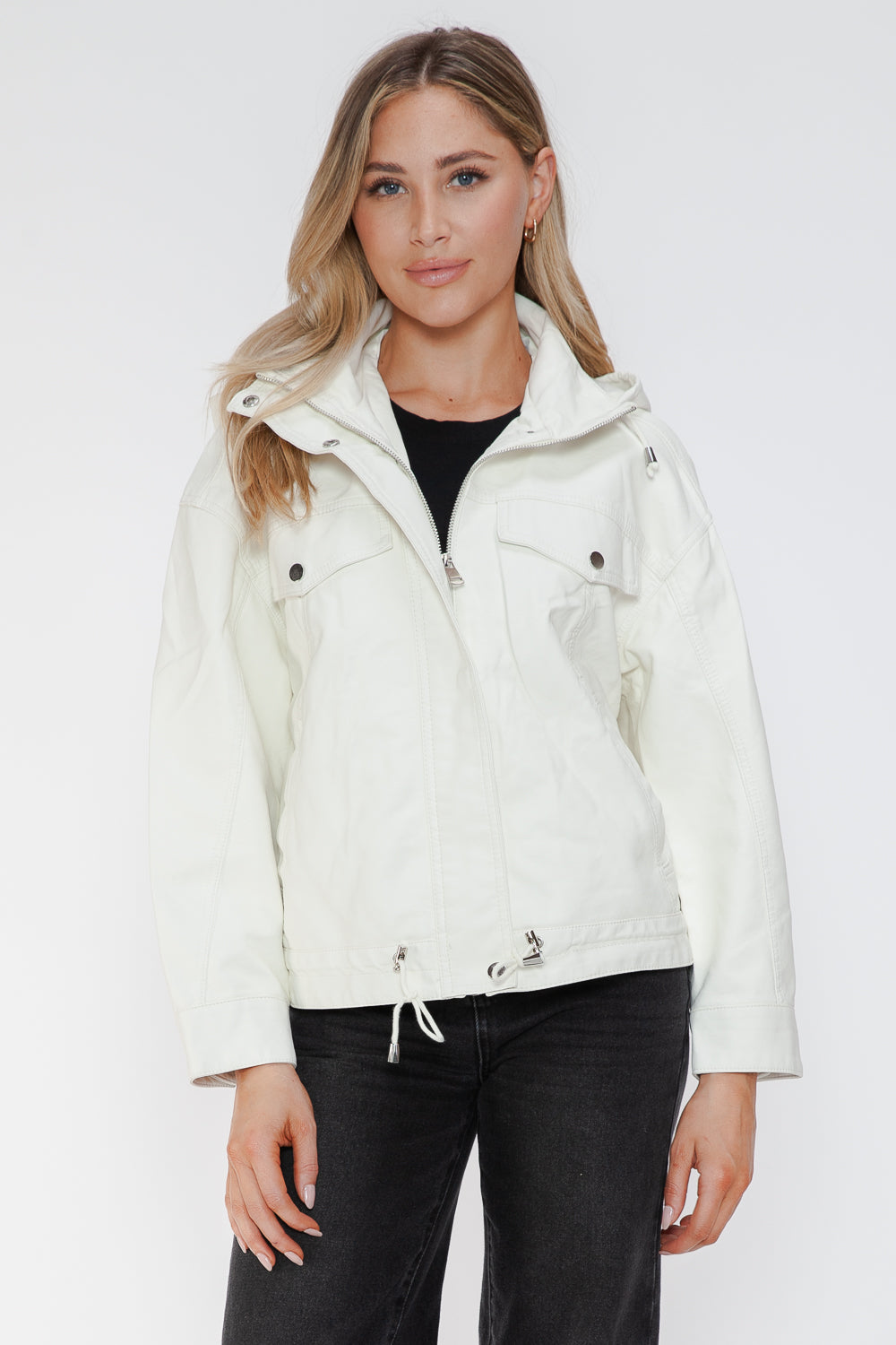 How Dare U My Favorite Layer Drawstring Hem PU Leather Zip Up Jacket in White