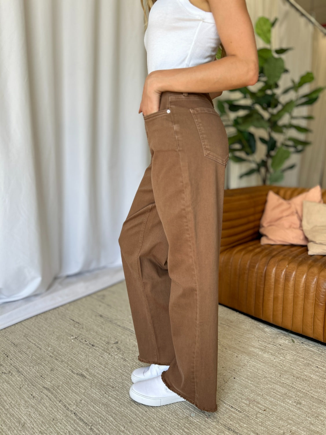 RFM Dawn High Rise Garment Dye Wide Leg Jeans in Coffee