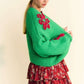 Davi & Dani Pop of Personality Floral Applique Open Front Drop Shoulder Cardigan in Green