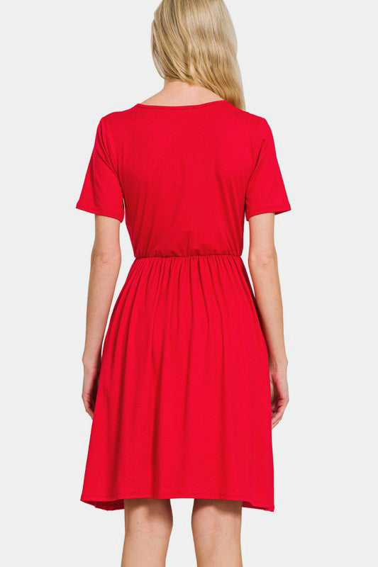Zenana On The Right Track Surplice Short Sleeve Brushed DTY Dress in Red