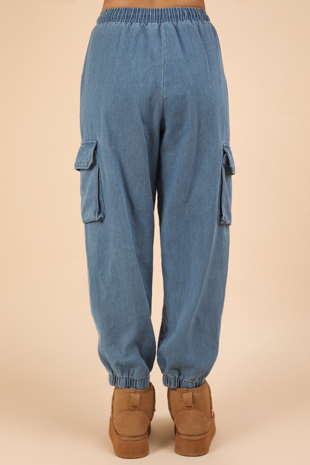 VERY J Good Vibes Washed Drawstring Jogger Cargo Jeans in Indigo