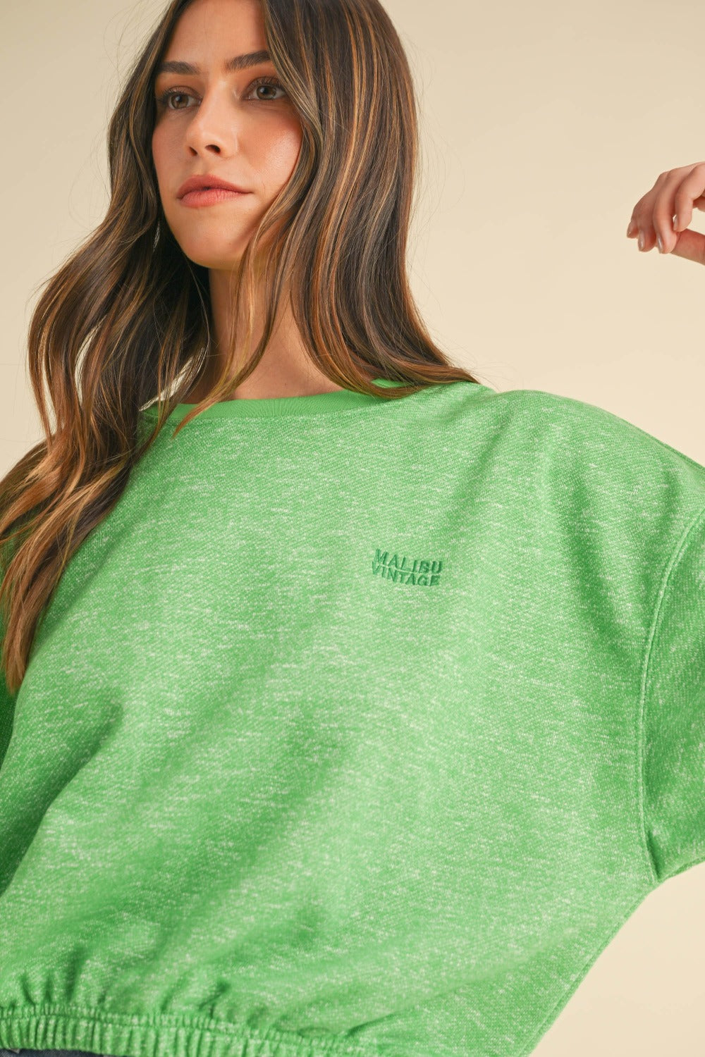 Mable Vintage in Malibu Letter Embroidery Crop Sweatshirt in Apple Green