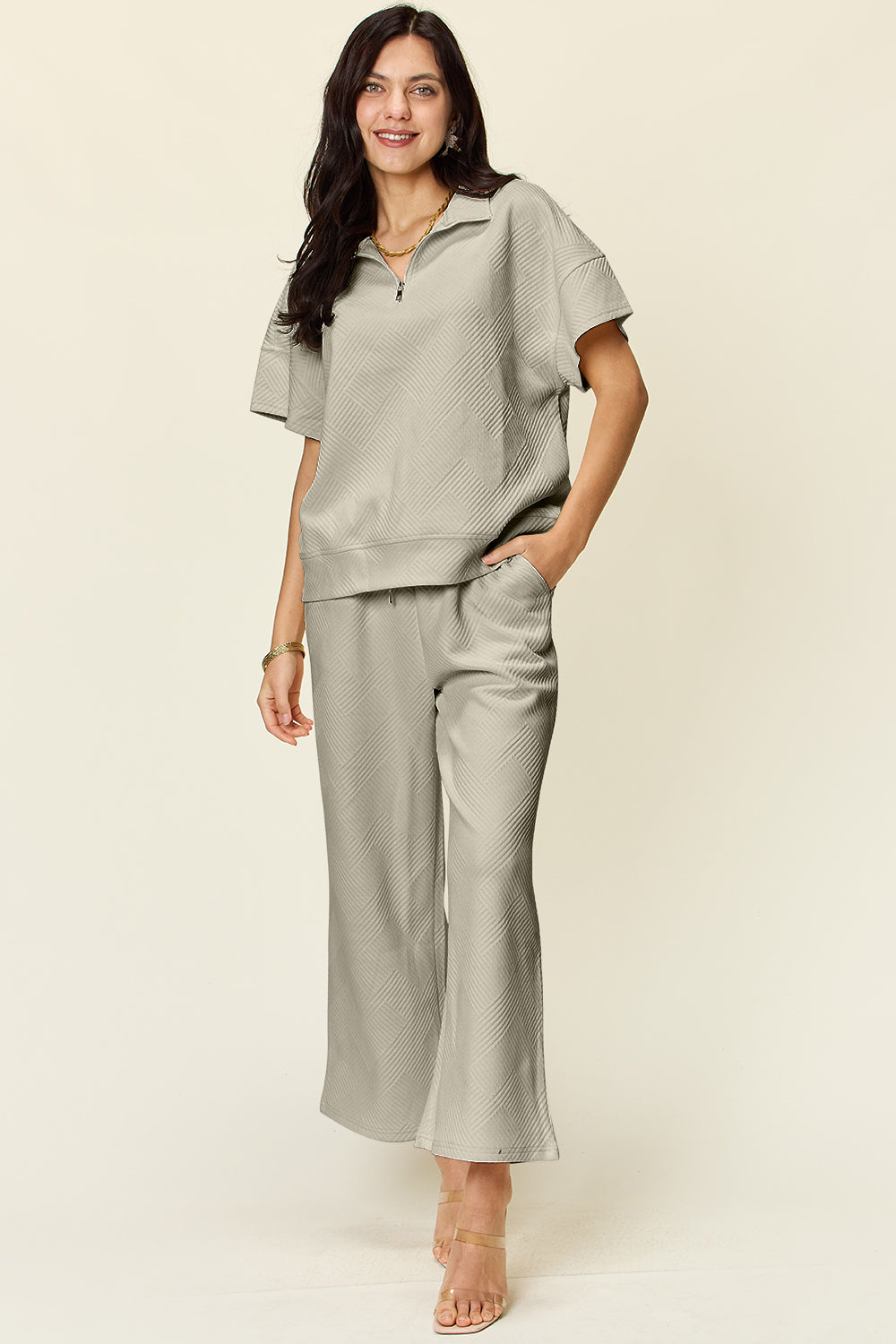 Double Take All About That Glow Texture Half Zip Short Sleeve Top and Pants Set