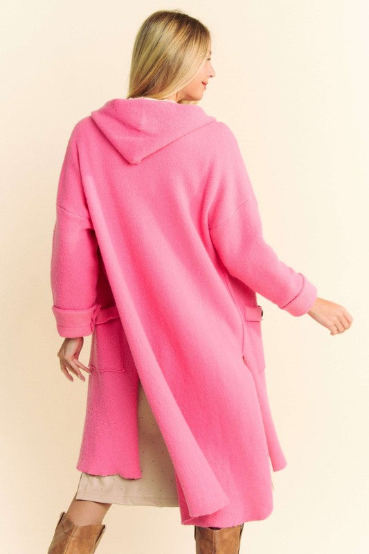 Davi & Dani Warm Me Up Side Slit Button Up Hooded Cardigan in Pink