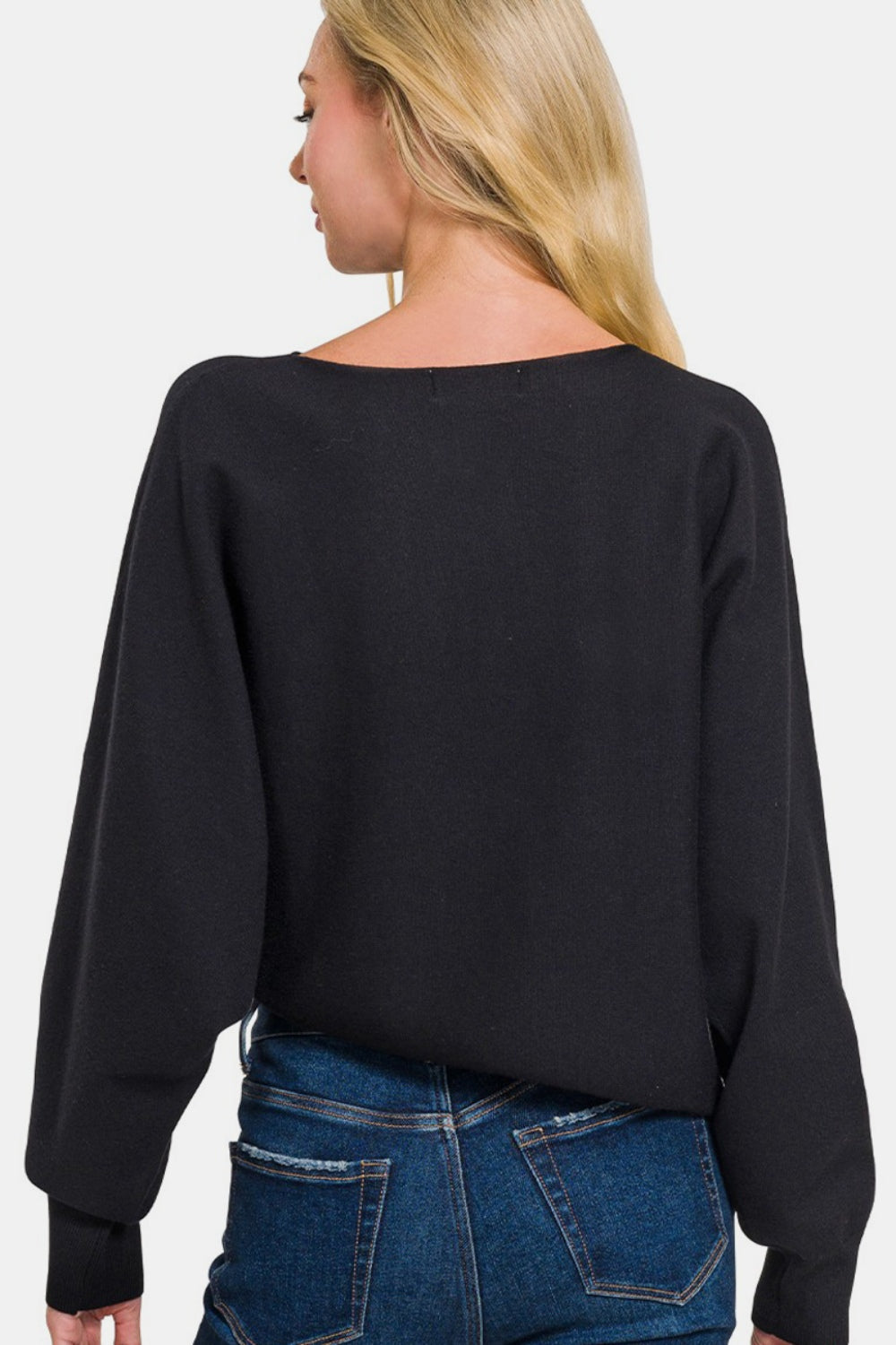 Zenana Oh So Cozy Asymmetric Hem Long Sleeve Sweater in Black