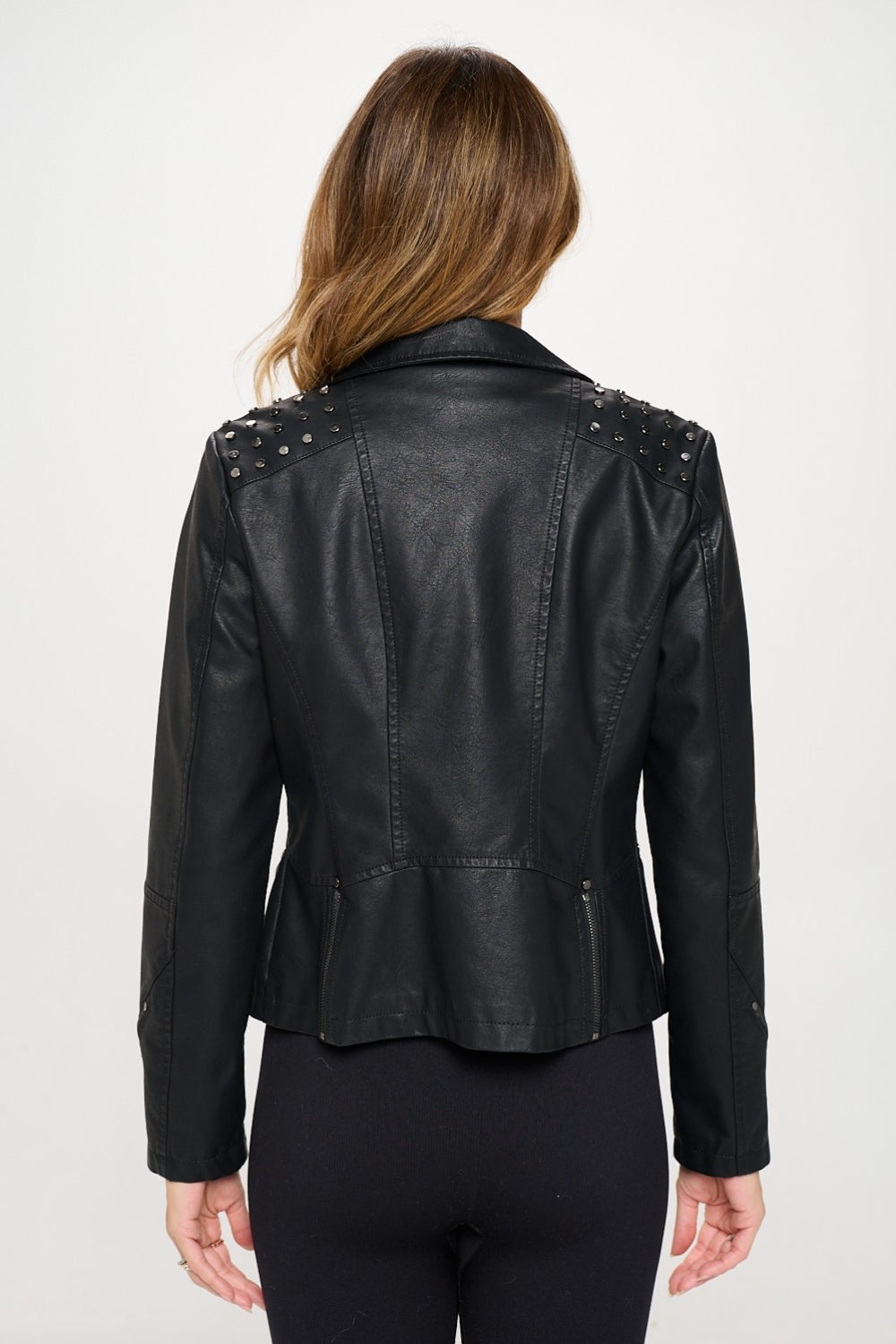 Coalition LA Classy With An Attitude Studded Classic Moto Faux Leather Jacket in Black
