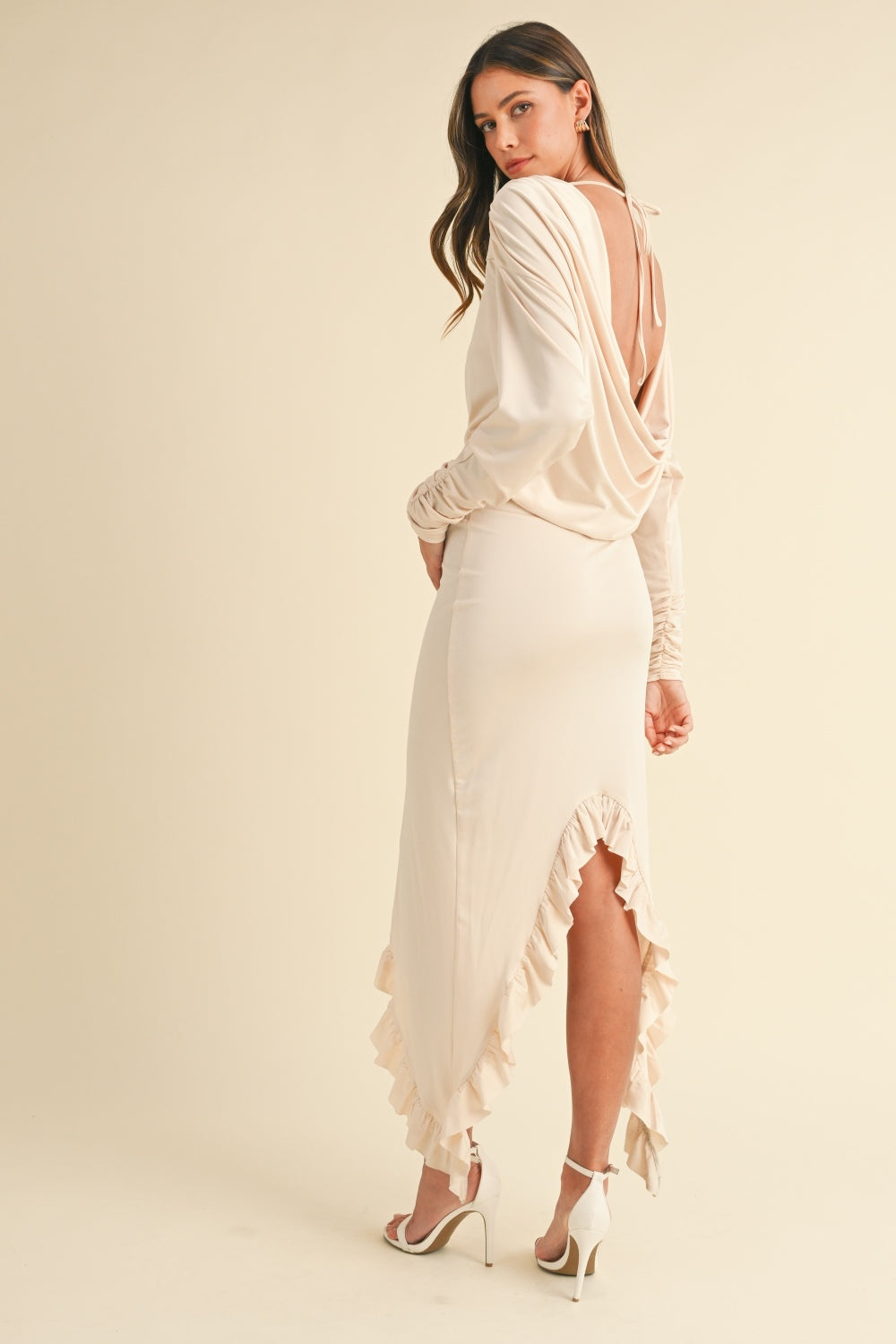 Mable My Heart Is All Yours Backless Asymmetric Ruffle Hem Dress in Cream