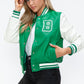 Love Me Now Bring The Love PU Leather Contrast Snap Down Bomber Jacket in Green/Milk